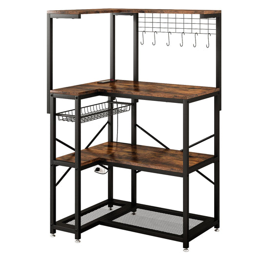 L-Shaped Bakers Rack with Power Outlet – 4-Tier Corner